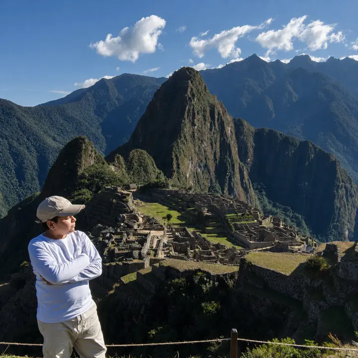 Traveler overlooking Machu Picchu beneath a clear Andean sky