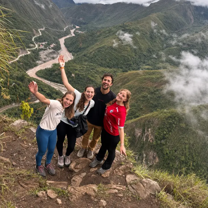 Four travelers overlooking a winding river valley on the Inca Jungle trek.