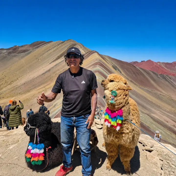 Traveler posing with two decorated alpacas at Rainbow Mountain.