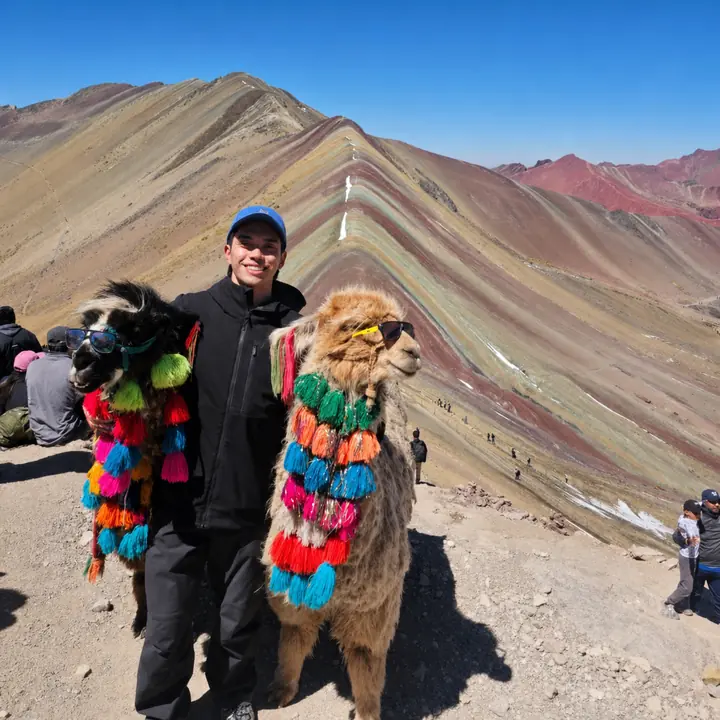 Woman posing with two decorated alpacas at Rainbow Mountain.