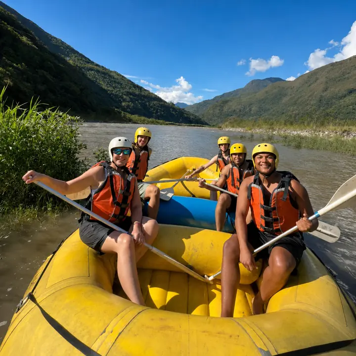 Travelers rafting on an Andean river during the Inca Jungle tour.
