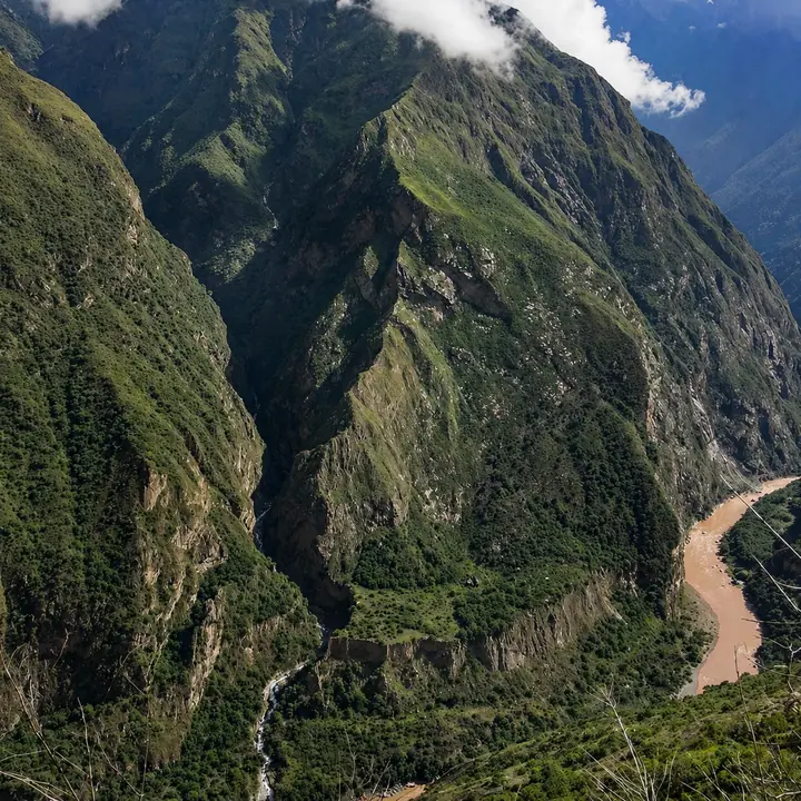Apurimac River winding through the deep canyon below the Choquequirao trail.